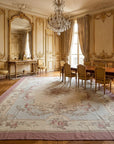 Vintage Aubusson Flat Weave Rug, Pastel Rose Bouquet styled in a dining room