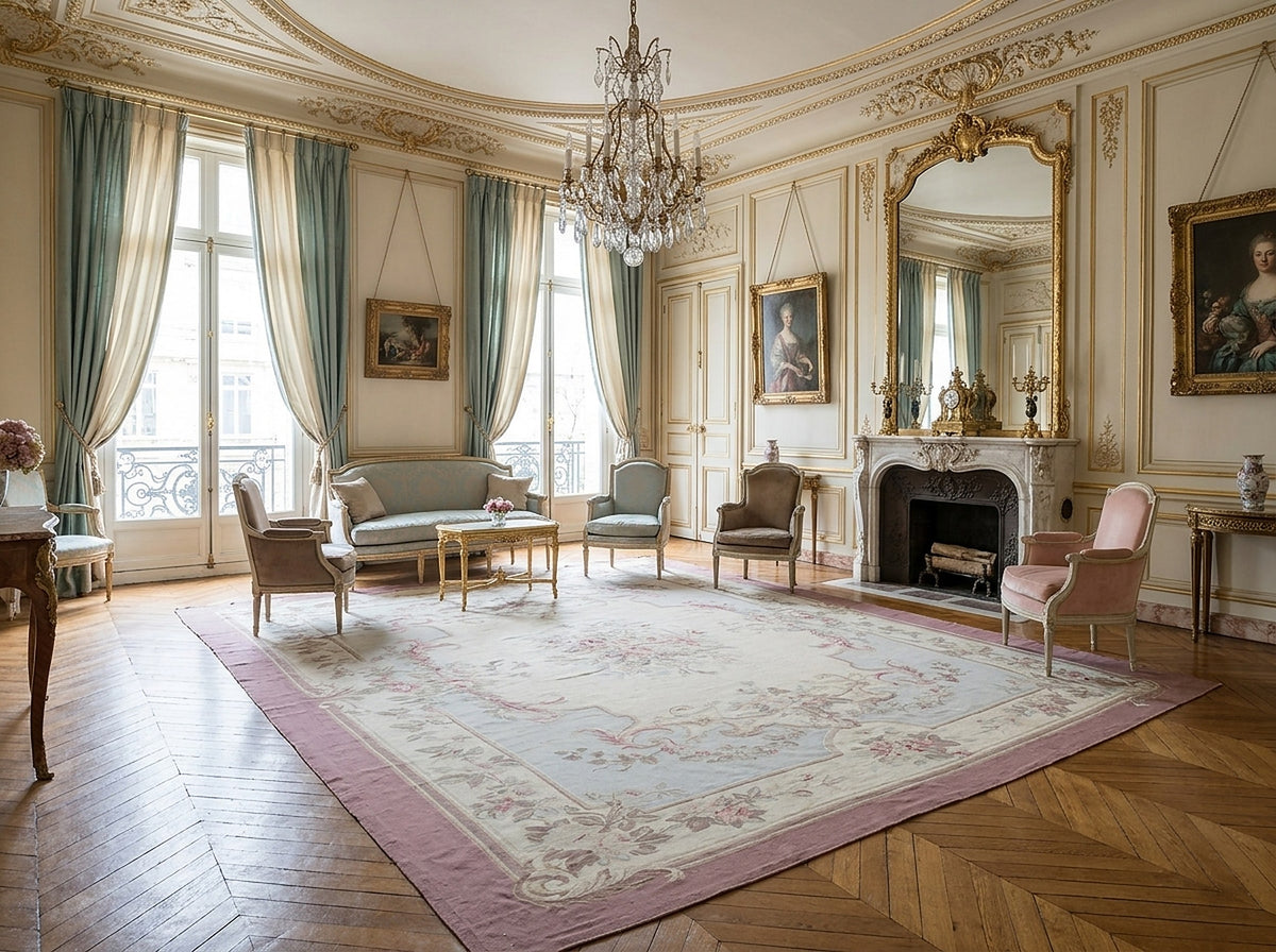 Vintage Aubusson Flat Weave Rug, Pastel Rose Bouquet styled in a living room