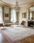 Vintage Aubusson Flat Weave Rug, Pastel Rose Bouquet styled in a living room