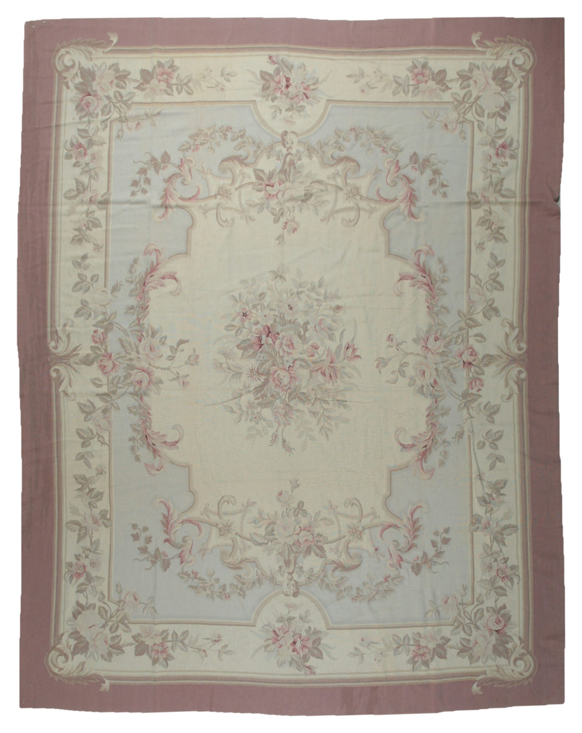 Vintage Aubusson Flat Weave Wool Rug, Pastel Rose Bouquet