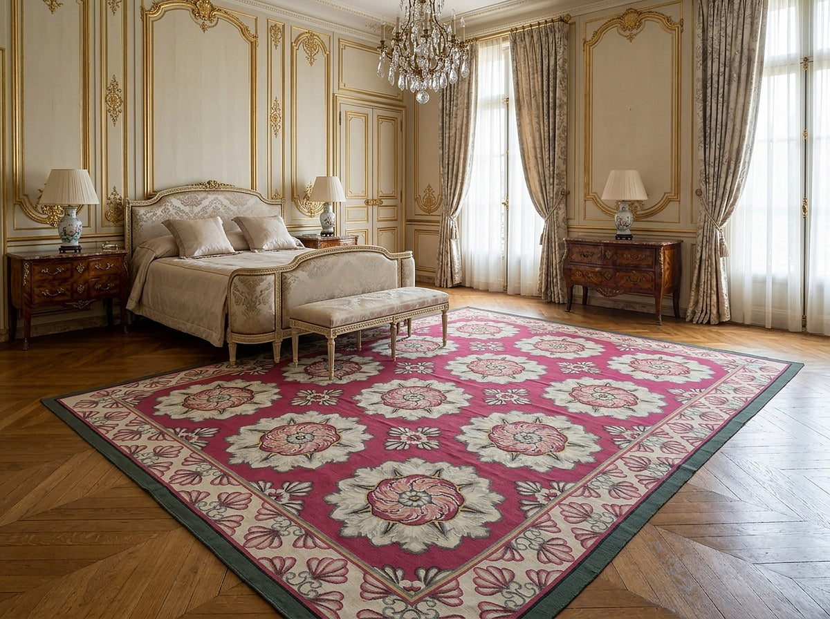 Vintage Aubusson Flat Weave Rug, Raspberry Rosette styled in a bedroom