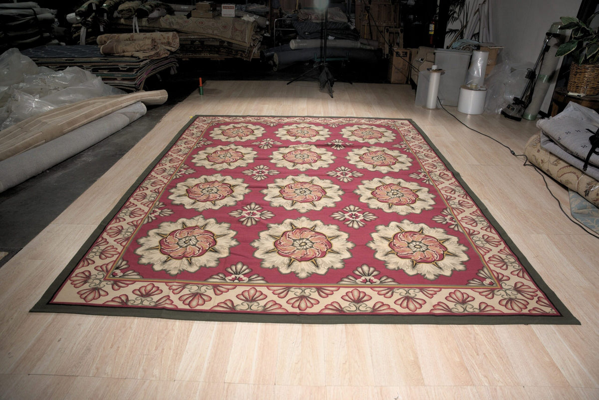 Vintage Aubusson Flat Weave Wool Rug, Raspberry Rosette
