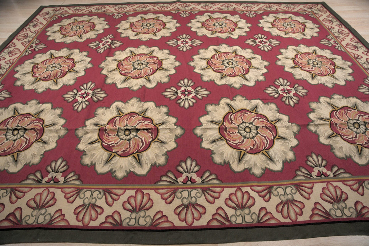 Vintage Aubusson Flat Weave Wool Rug, Raspberry Rosette