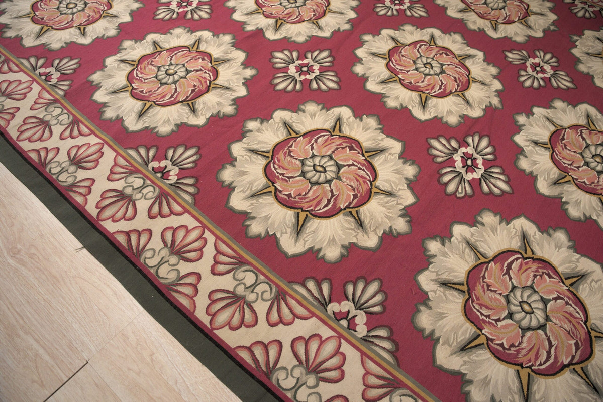 Vintage Aubusson Flat Weave Wool Rug, Raspberry Rosette