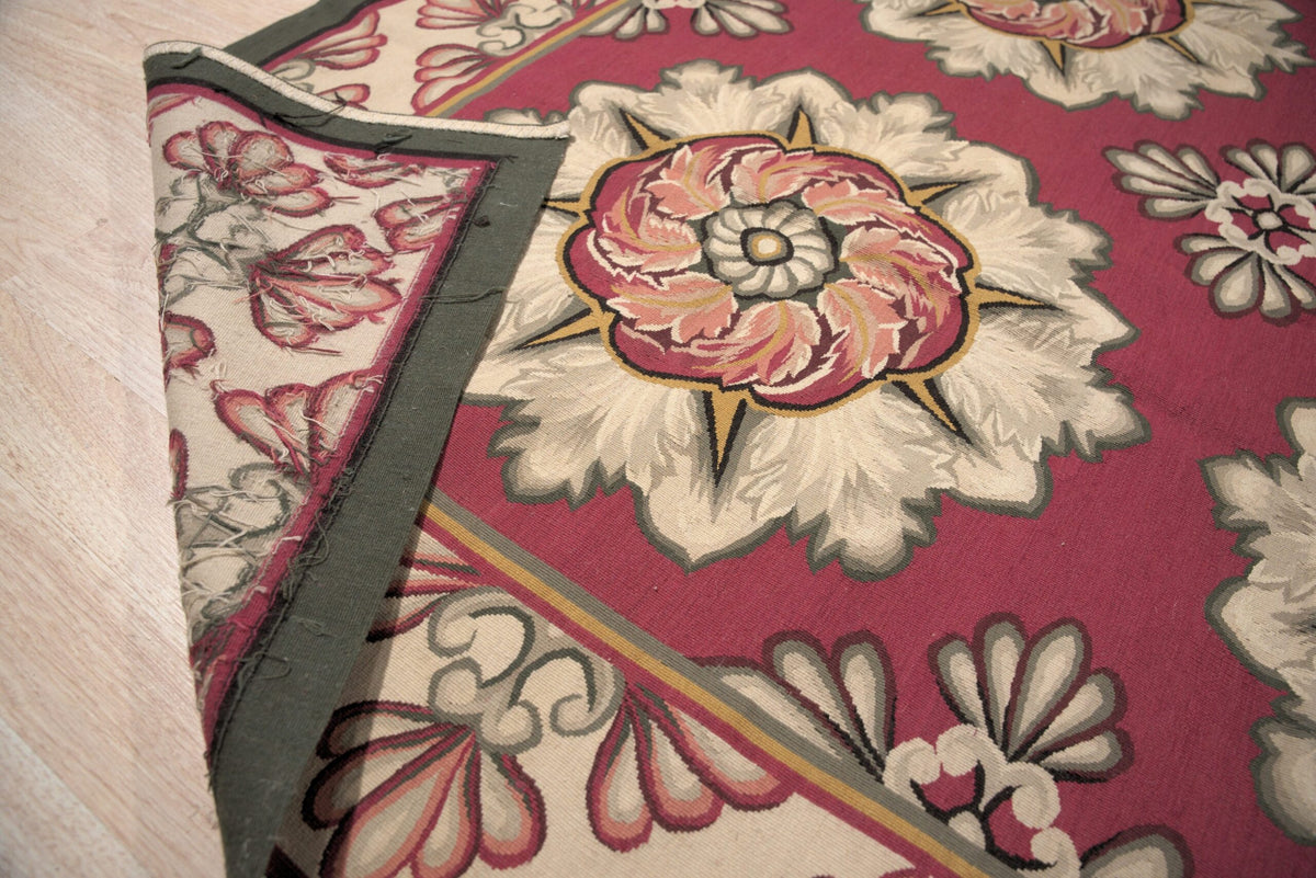Vintage Aubusson Flat Weave Wool Rug, Raspberry Rosette