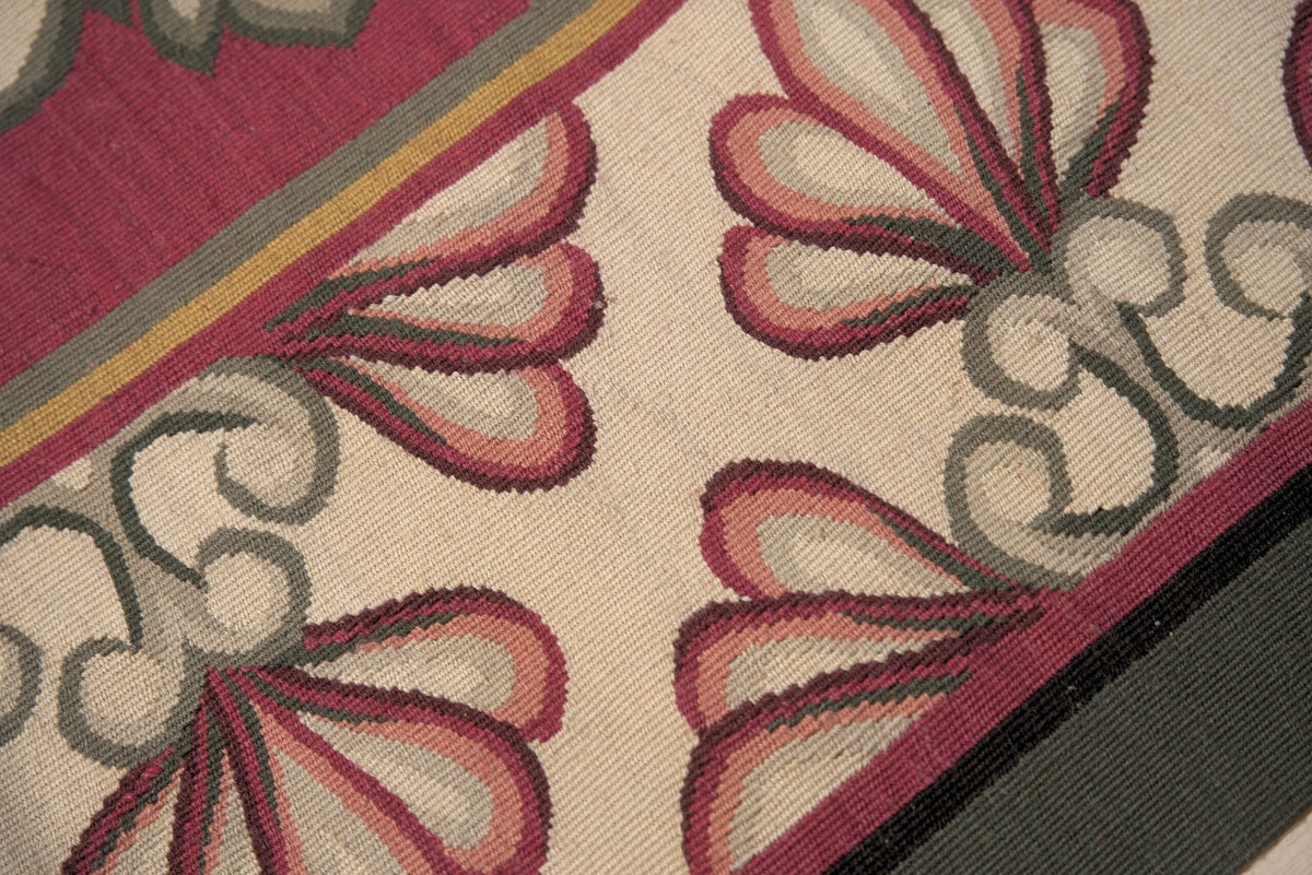 Vintage Aubusson Flat Weave Wool Rug, Raspberry Rosette