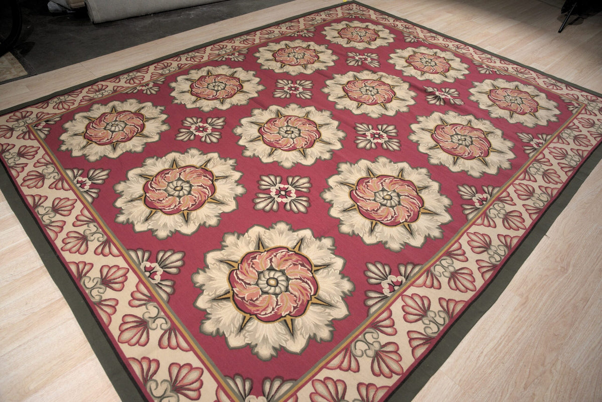 Vintage Aubusson Flat Weave Wool Rug, Raspberry Rosette
