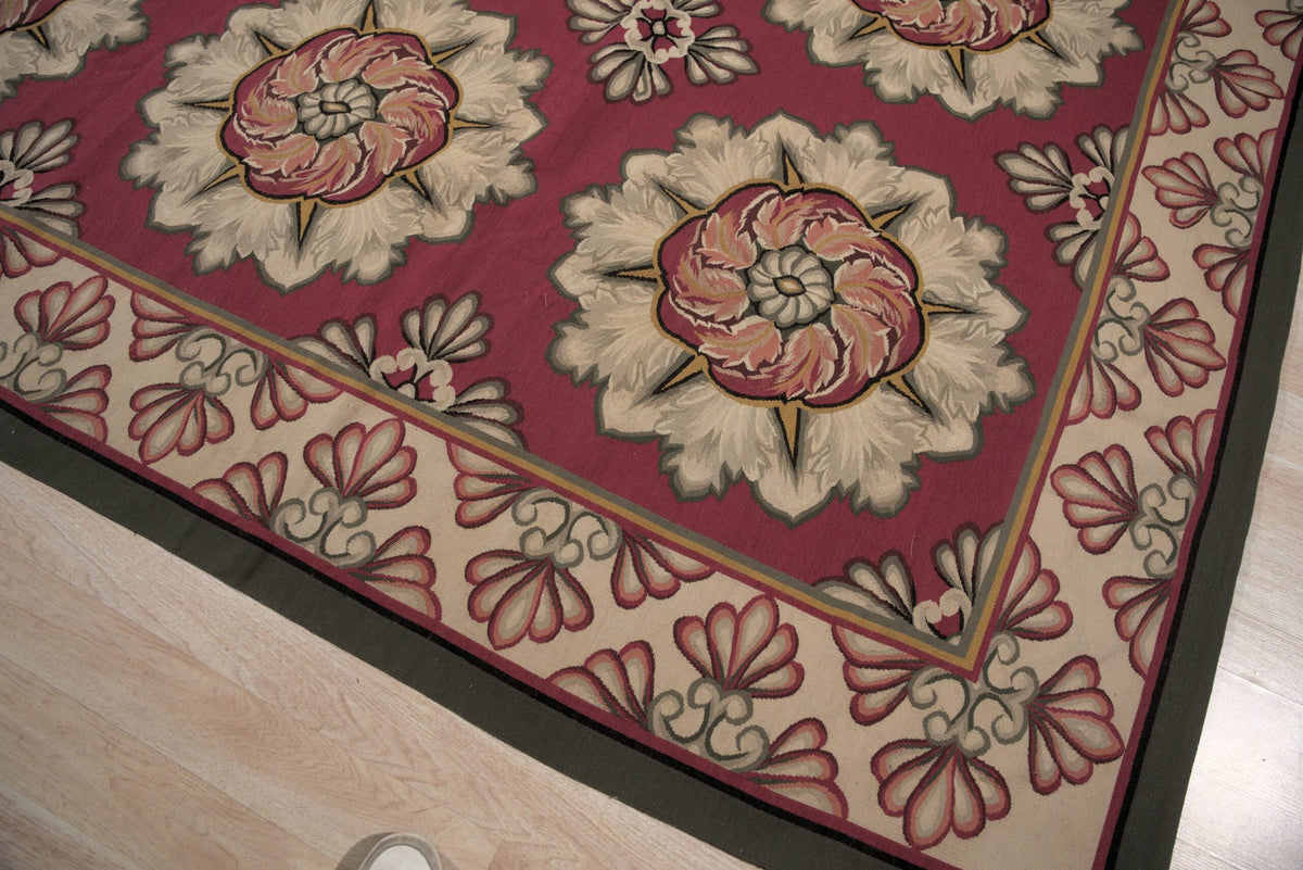 Vintage Aubusson Flat Weave Wool Rug, Raspberry Rosette