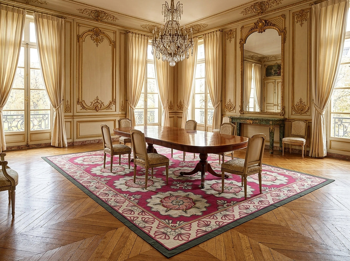 Vintage Aubusson Flat Weave Rug, Raspberry Rosette styled in a dining room