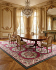 Vintage Aubusson Flat Weave Rug, Raspberry Rosette styled in a dining room