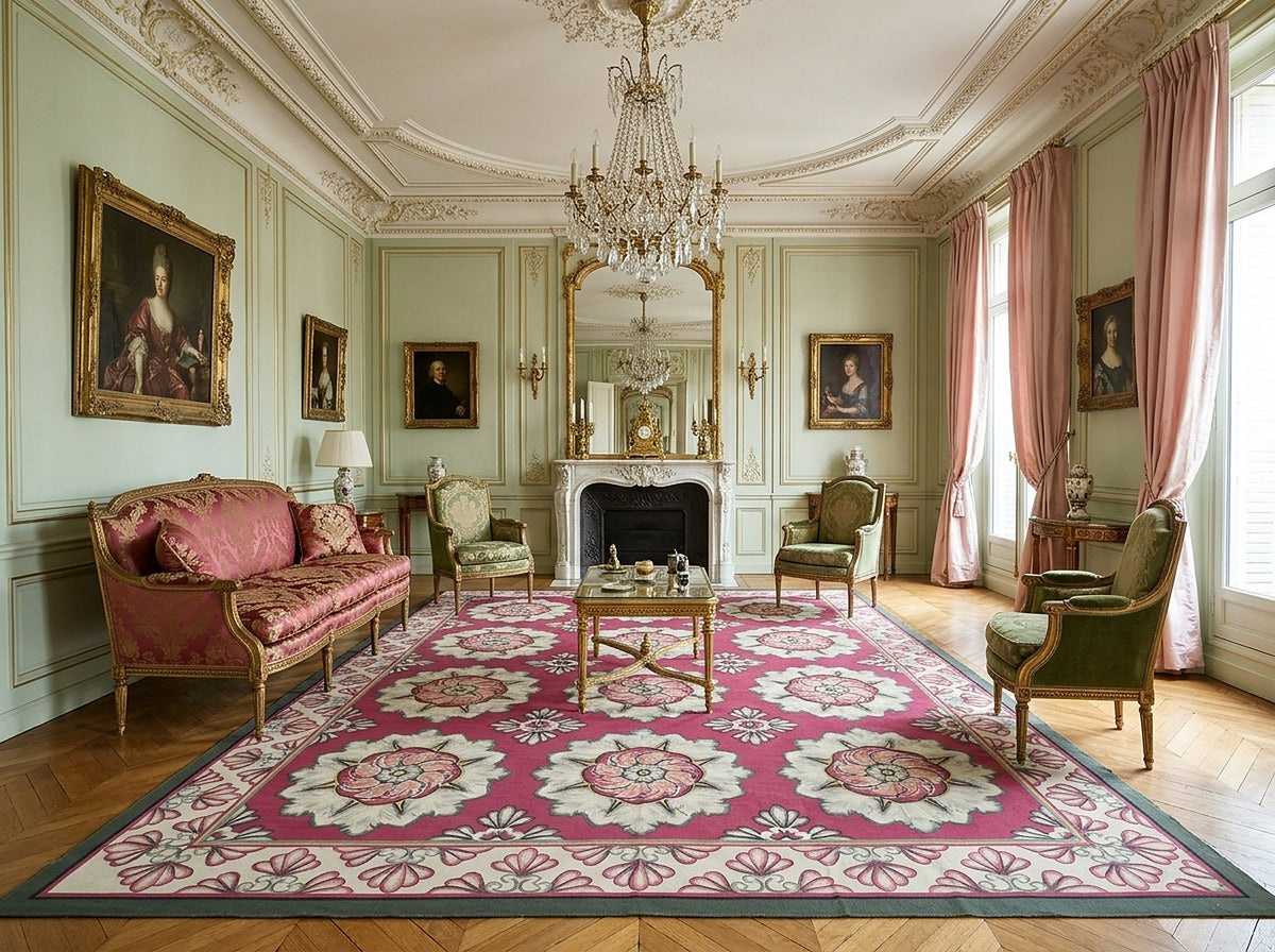 Vintage Aubusson Flat Weave Rug, Raspberry Rosette styled in a living room