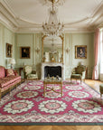 Vintage Aubusson Flat Weave Rug, Raspberry Rosette styled in a living room