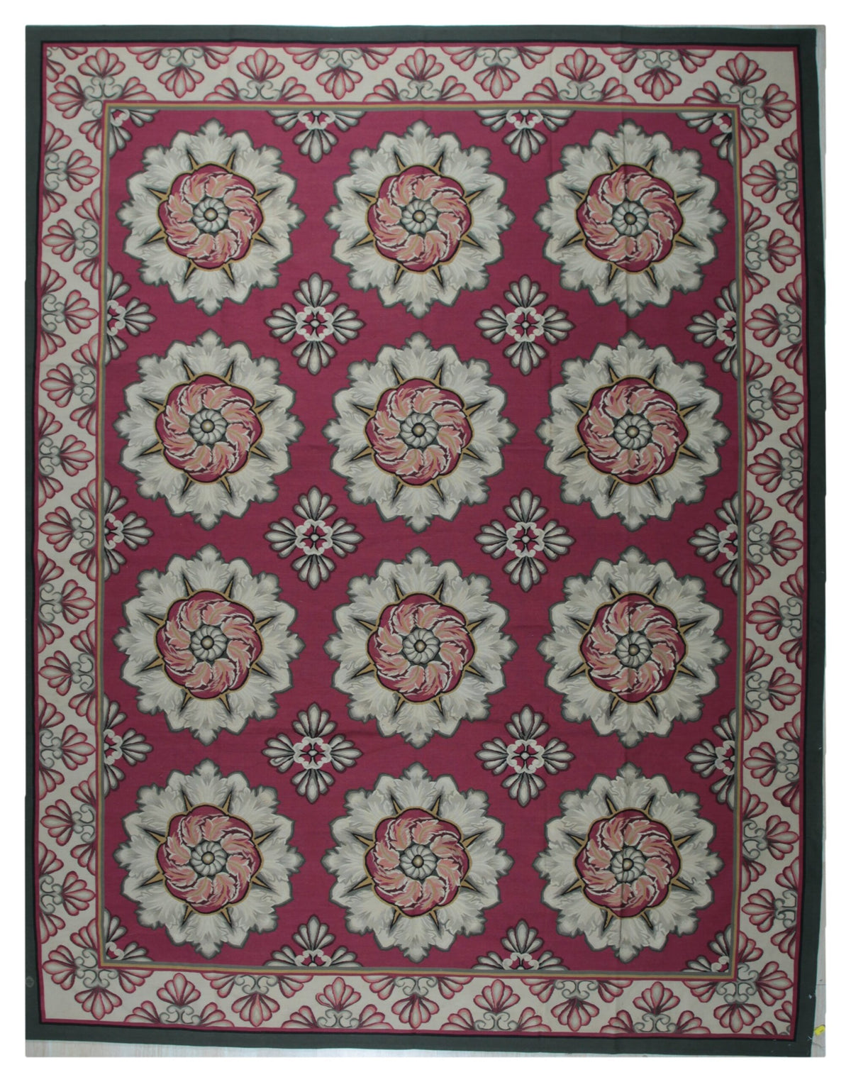 Vintage Aubusson Flat Weave Wool Rug, Raspberry Rosette