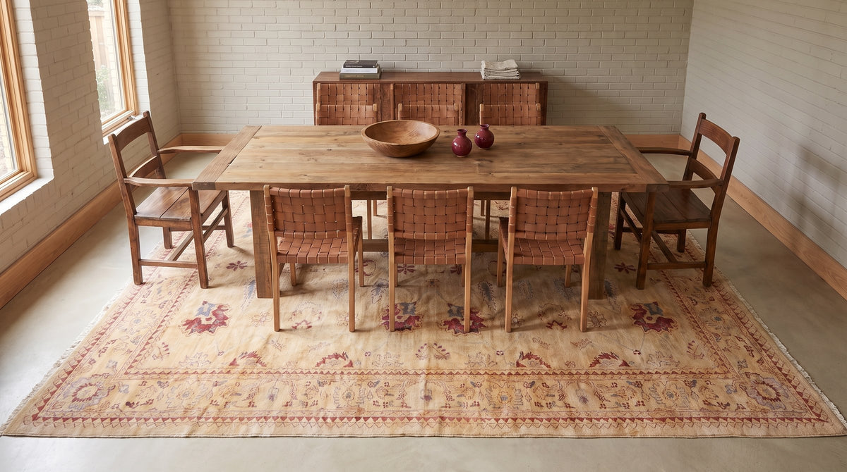 Elegant Beige Hand Knotted Wool Rug in a dining room