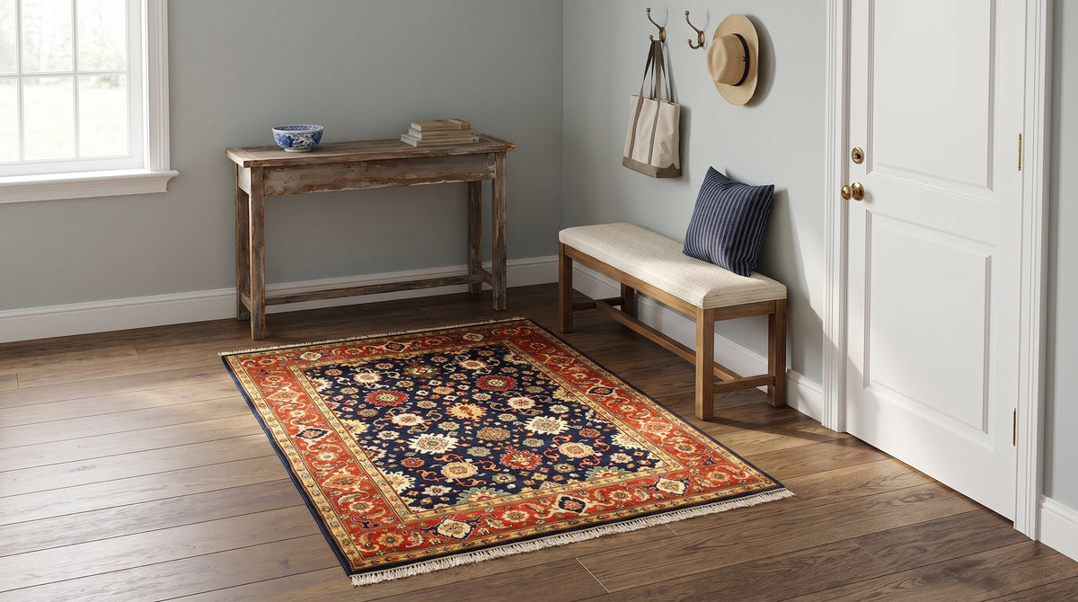 Exquisite Navy Hand Knotted Wool Rug in a entryway