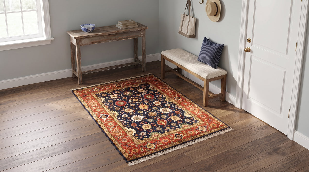 Exquisite Navy Hand Knotted Wool Rug in a entryway