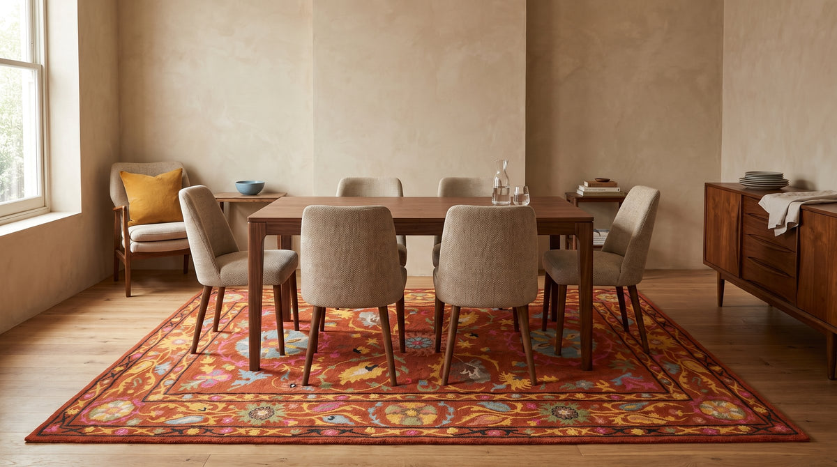 Willow Rust Hand Tufted Wool Rug in a dining room