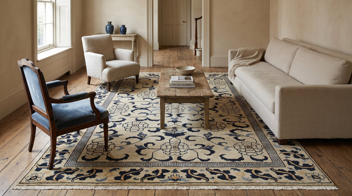 Willow Lydia Gold and Navy Hand Knotted Wool Rug in a living room