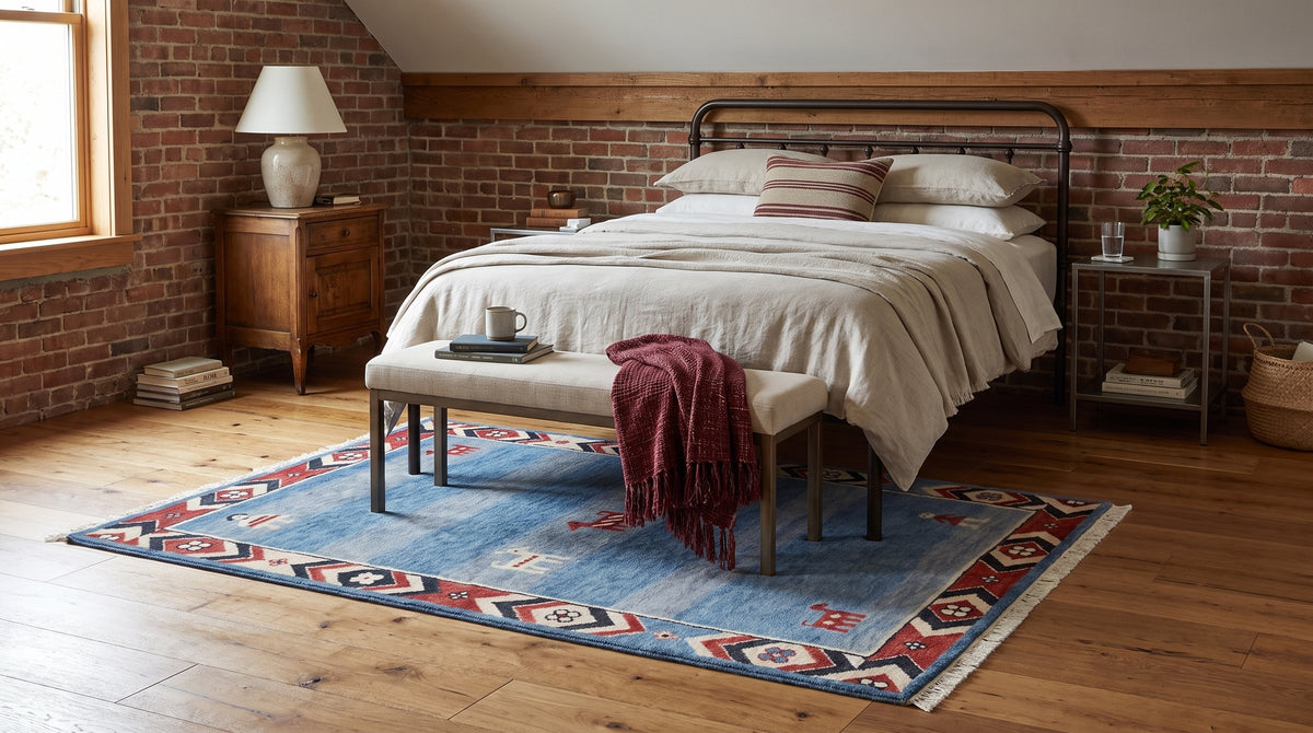 Willow Talia Blue Hand Knotted Wool Rug in a bedroom