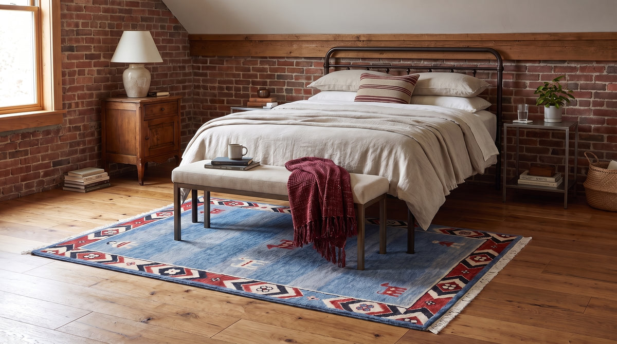 Willow Talia Blue Hand Knotted Wool Rug in a bedroom