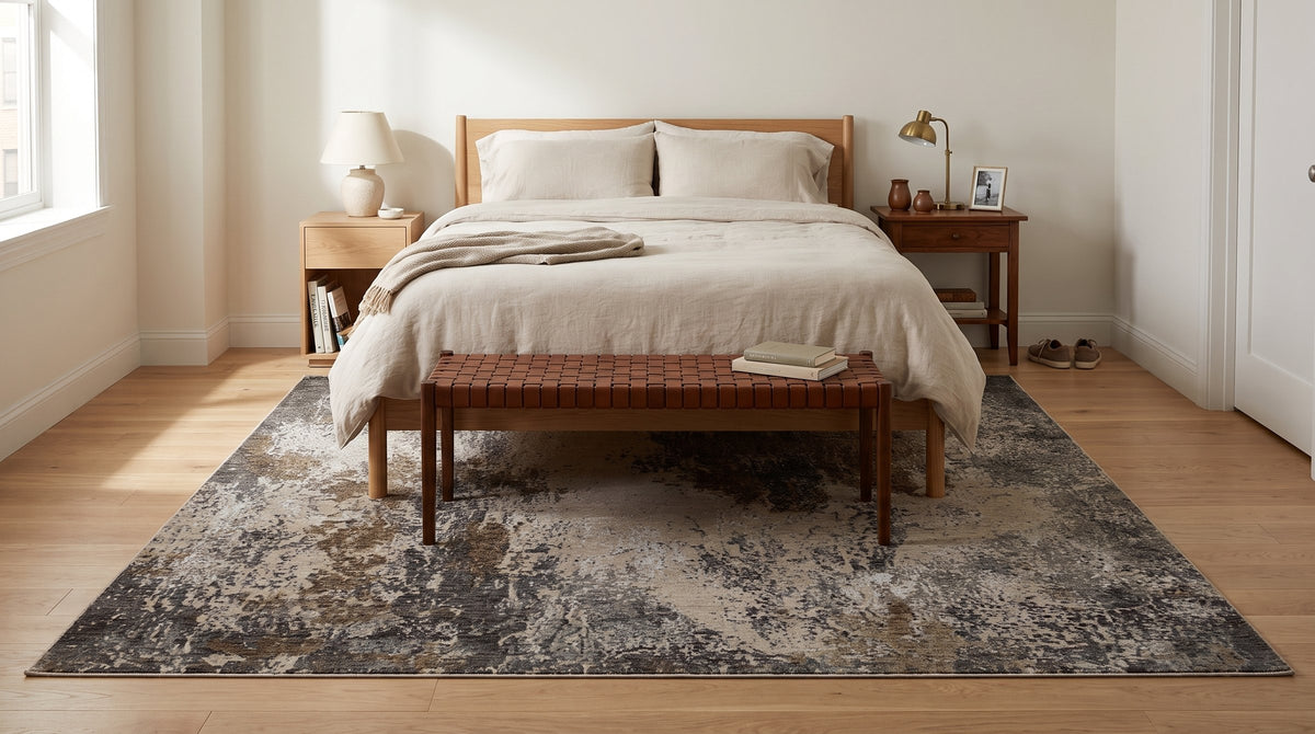 Xena Chloe Gray Hand Knotted Wool Rug in a bedroom