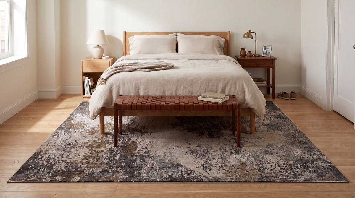 Xena Chloe Gray Hand Knotted Wool Rug in a bedroom