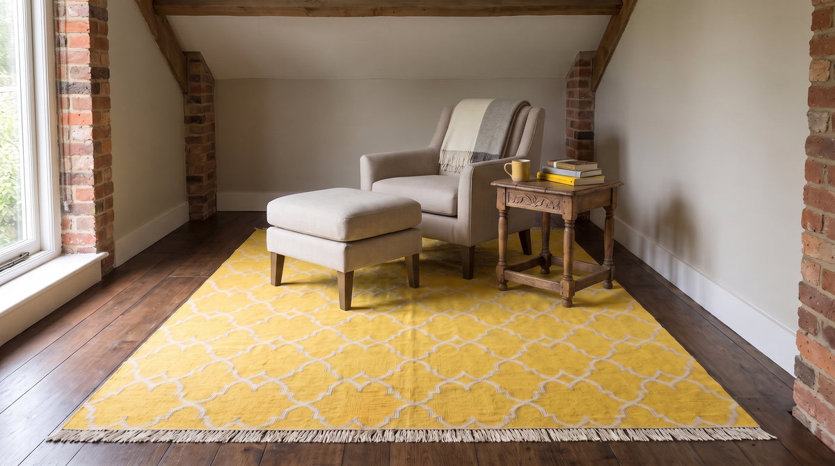 Xena Timeless Yellow Hand Knotted Rug in a reading nook
