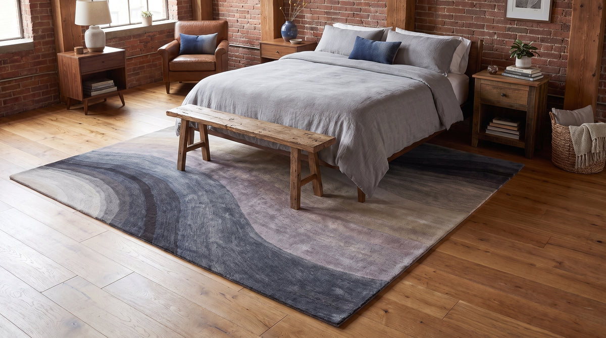 Xena Blue and Gray Hand Tufted Wool Rug in a bedroom