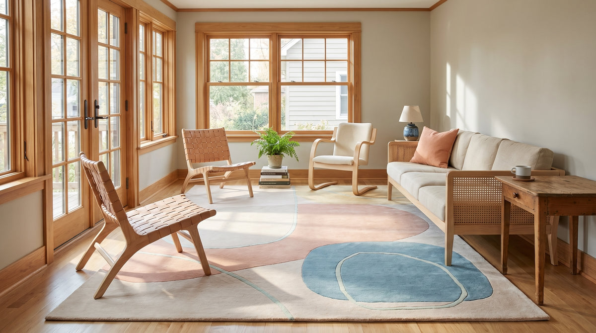 Yara Laine Multicolor Hand Tufted Wool Rug in a sunroom