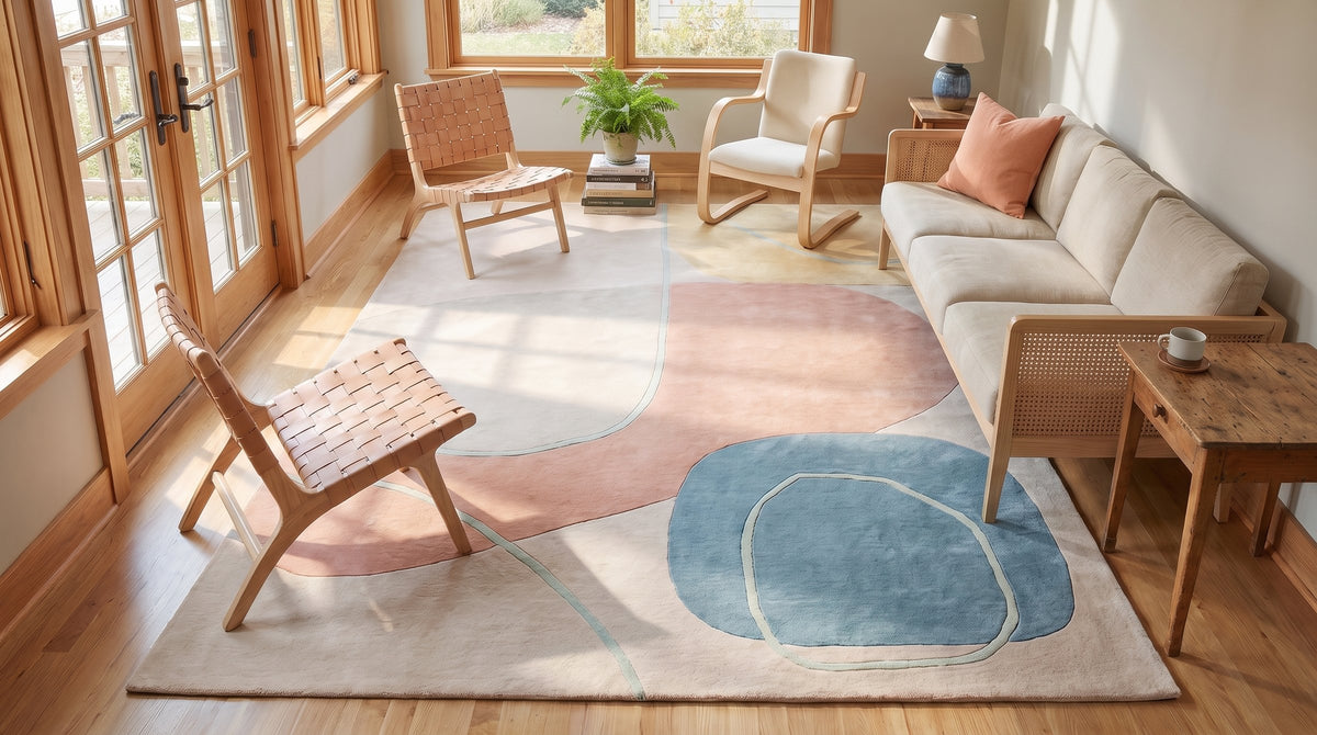 Yara Laine Multicolor Hand Tufted Wool Rug in a sunroom