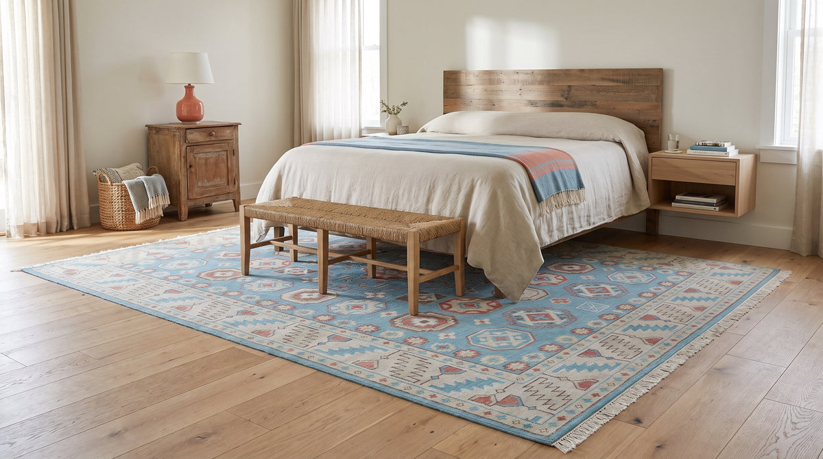 Yara Willow Light Blue Hand Knotted Wool Rug in a bedroom