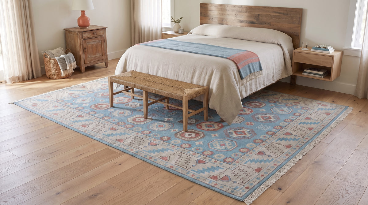 Yara Willow Light Blue Hand Knotted Wool Rug in a bedroom