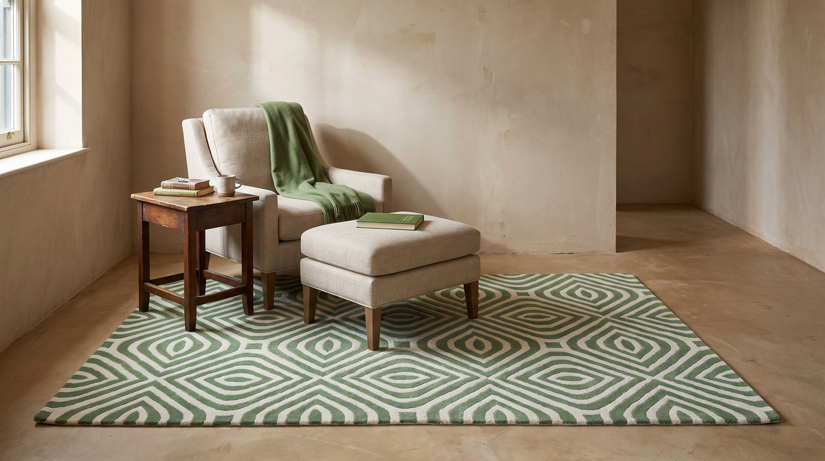 Zinnia Amara Green Hand Tufted Wool Rug in a reading nook