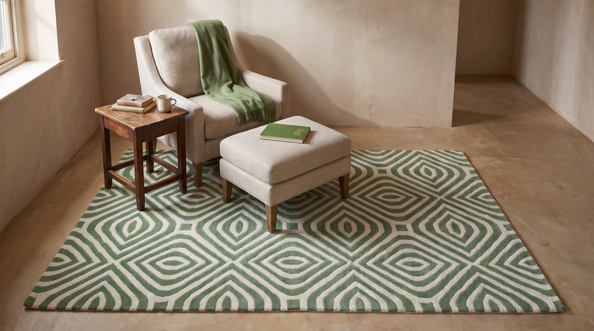 Zinnia Amara Green Hand Tufted Wool Rug in a reading nook