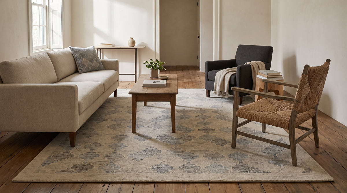 Zinnia Kira Multicolor Hand Tufted Wool Rug in a living room