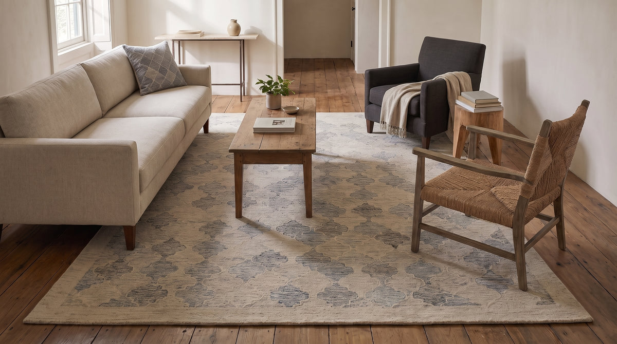 Zinnia Kira Multicolor Hand Tufted Wool Rug in a living room