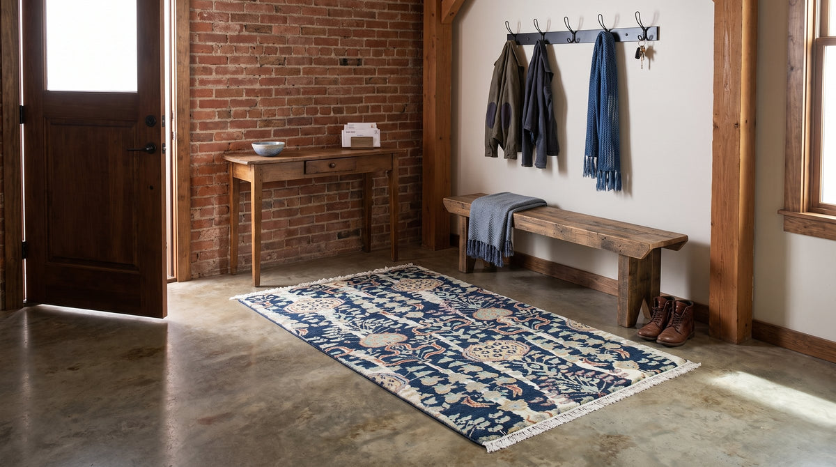 Zinnia Louie Blue Hand Knotted Wool Rug in a entryway