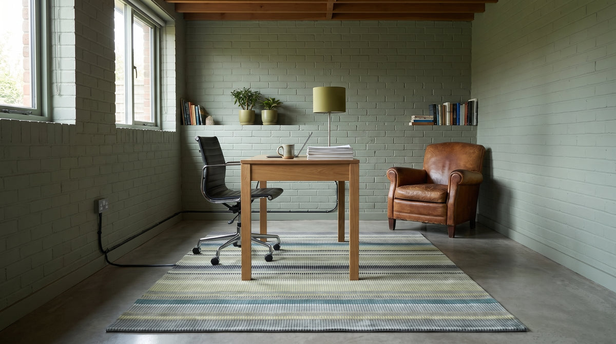 Zinnia Striped Green Handmade Wool Rug in a home office