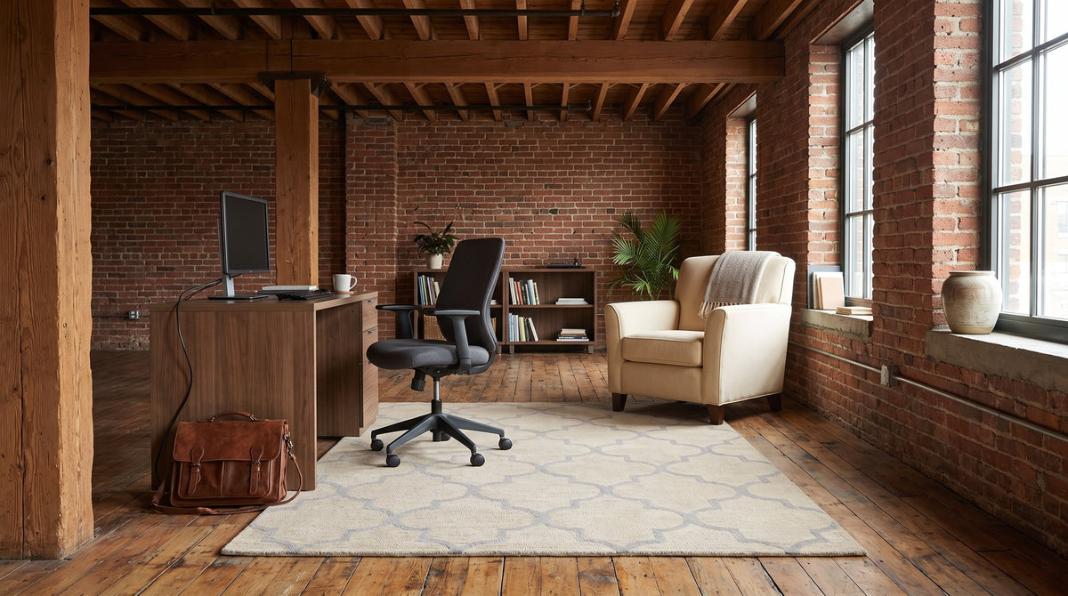 Zinnia Trellis Beige Hand Tufted Wool Rug in a home office