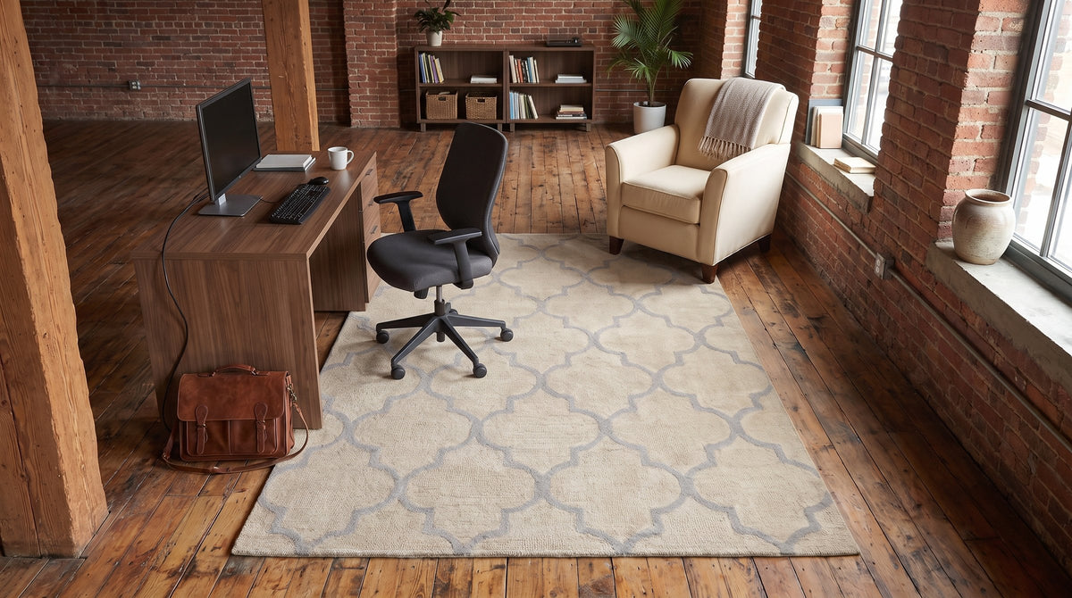 Zinnia Trellis Beige Hand Tufted Wool Rug in a home office