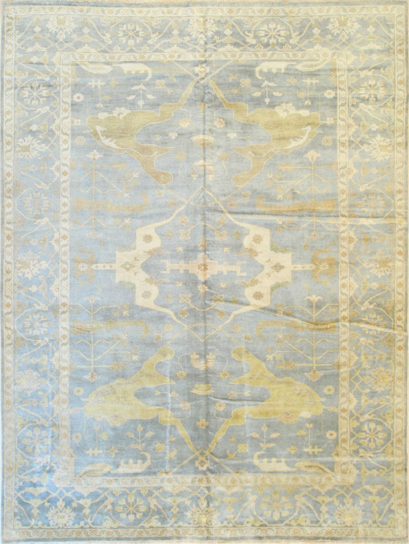 Powder Blue &amp; Gold Hand Knotted Oushak Rug