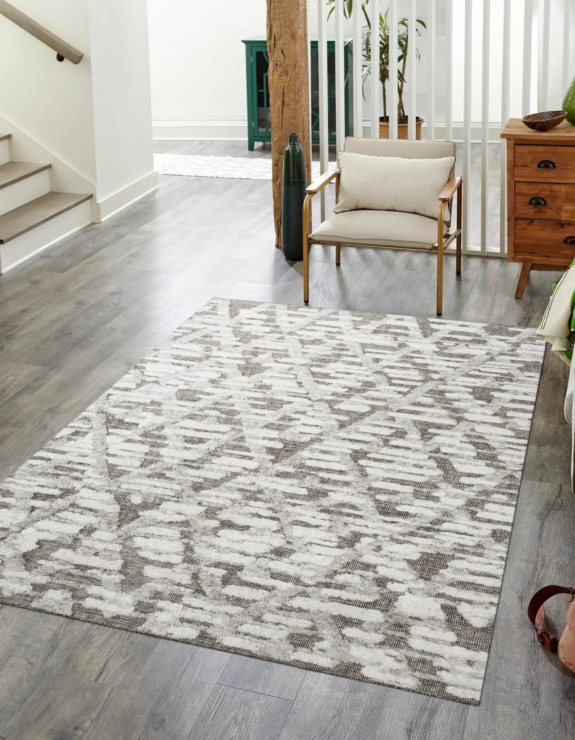 Modern Handmade Wool Ivory Geometric Rug