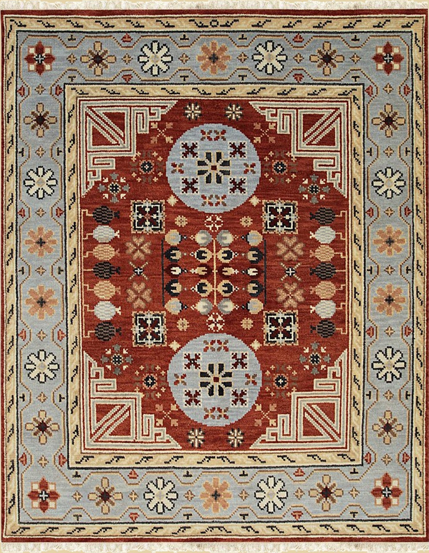 Rust Floral Khotan Traditional Handmade Wool Artisan Rug