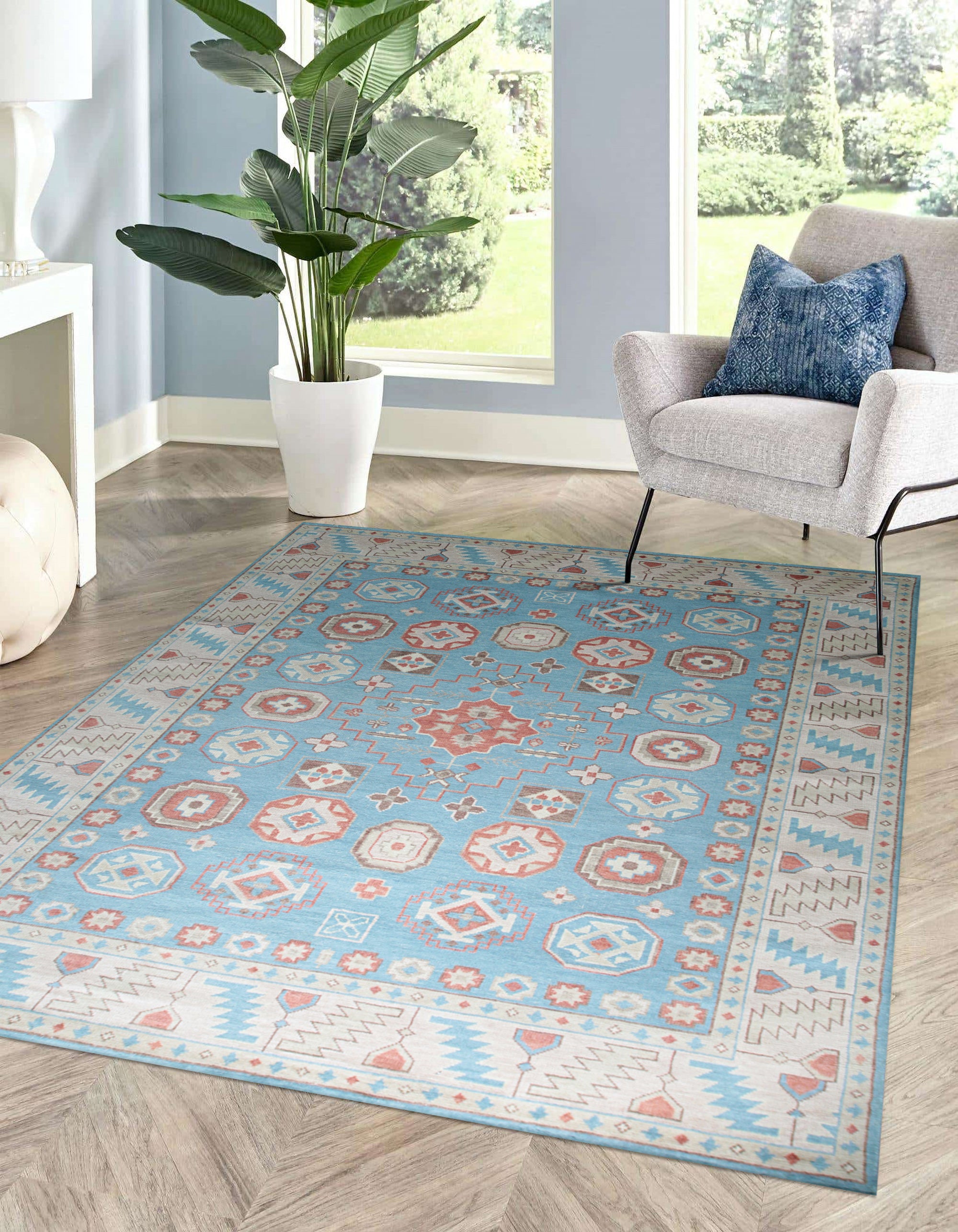 Light Blue Sahara Blue Geometric Rug