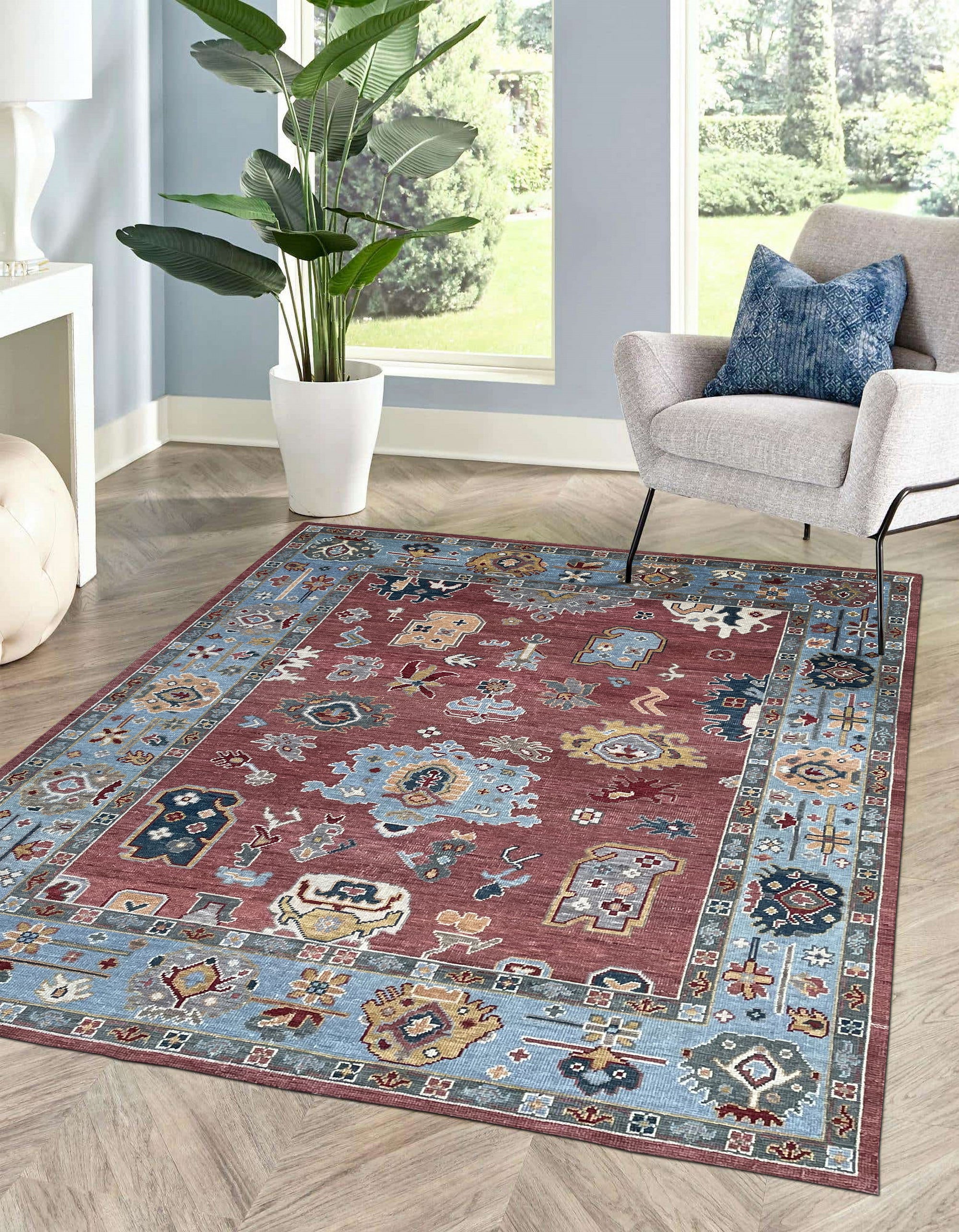 Elegant Rust and Sky Blue Mahal Traditional Handmade Wool Artisan Rug